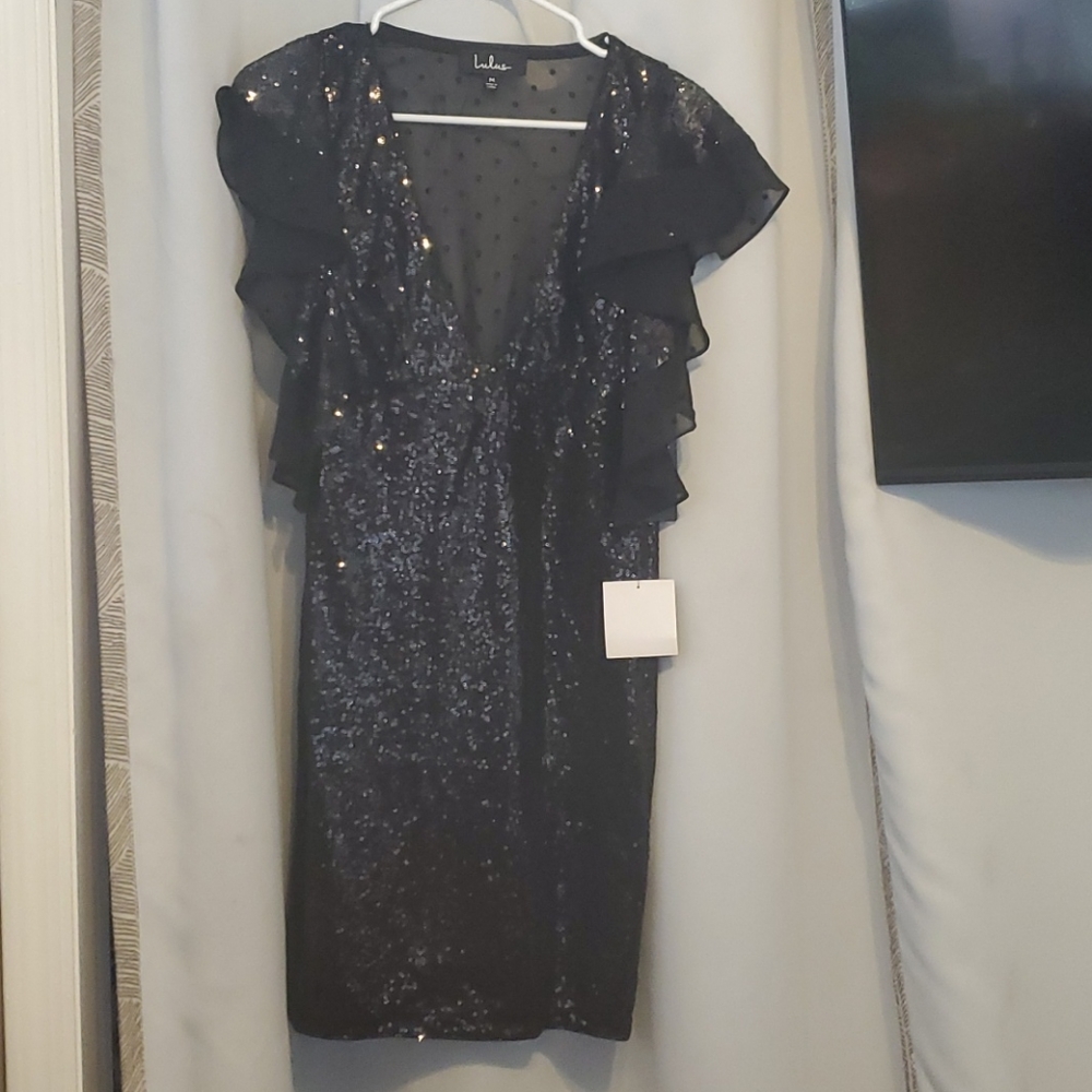 Black ruffled sequin mini dress